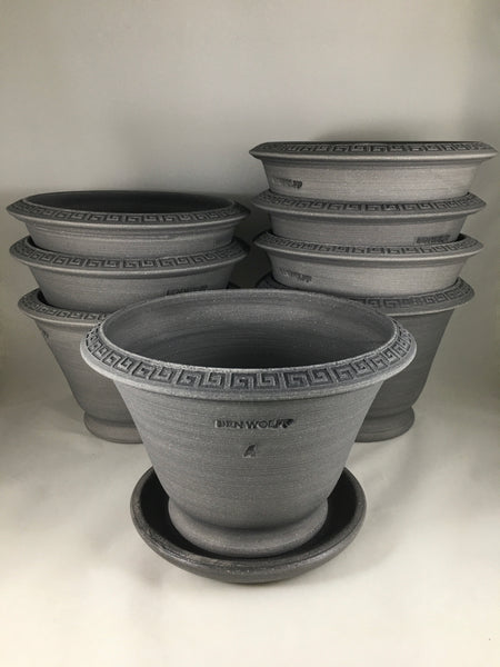 Ben Wolff #4 Greek Key Half Pot in Grey Finish.  Sealed #6 saucer with cork pads. 6”H x 8.5”W ---  MULTIPLES AVAILABLE
