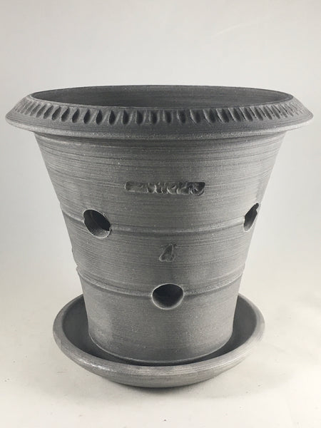 SPC1037-15 Ben Wolff #4 Orchid Pot in Grey Finish. Sealed saucer with cork pads. 7"H x 7.5”W --- ONE OF A KIND