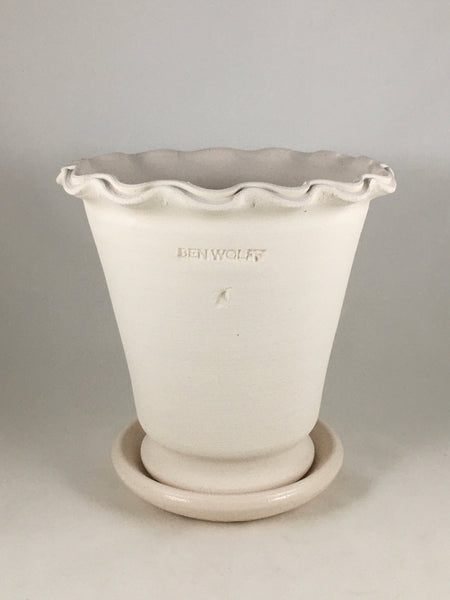SPC1101-17 Ben Wolff #4 Flower Pot in White Clay. Sealed saucer with cork pads. 7”H x 7.25”W --- ONE OF A KIND