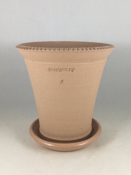 SPC1185-13 Ben Wolff #4 Flower Pot in Tan Clay. Sealed saucer with cork pads. 6.75”H x 6.75”W --- ONE OF A KIND
