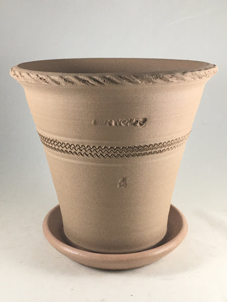 SPC1036-14 Ben Wolff #4 Flower Pot in Tan. Sealed saucer with cork pads. 6.75”H x 7.25”W --- ONE OF A KIND