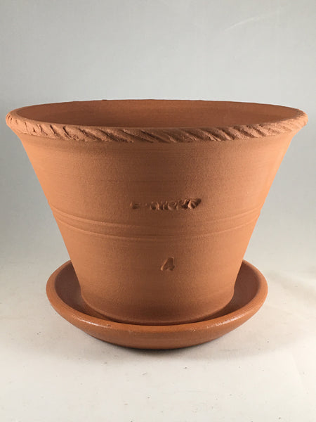 SPC1022-19 Ben Wolff #4 Half Pot in Terracotta.  Sealed #6 saucer with cork pads. 5.75”H x 8.25”W --- ONE OF A KIND