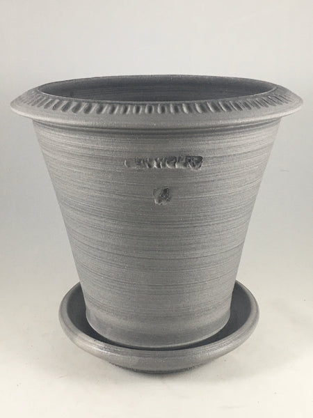 SPC1059-14 Ben Wolff #4 Flower Pot in Grey Finish. Sealed saucer with cork pads. 7”H x 7.5”W --- ONE OF A KIND