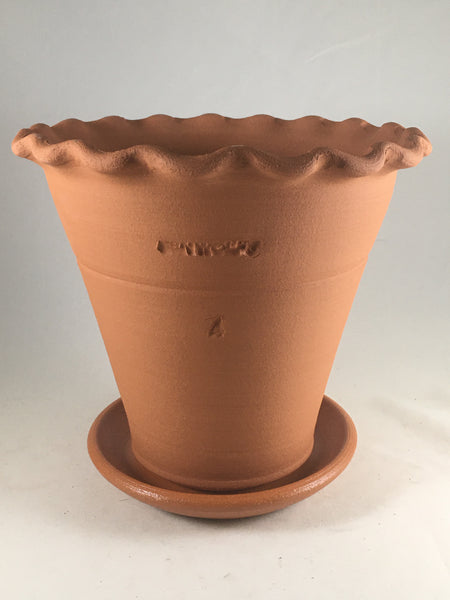 SPC1052-26 Ben Wolff #4 Flower Pot in Terra-cotta. Sealed saucer with cork pads. 7”H x 7.5”W --- ONE OF A KIND