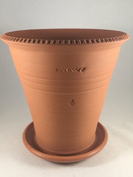 SPC1064-9 Ben Wolff #6 Flower Pot in Terra-cotta. Sealed saucer with cork pads. 8.25”H x 8.25”W --- ONE OF A KIND