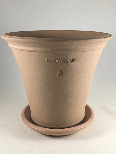 SPC1025-23 Ben Wolff #4 Flower Pot in Tan.  Sealed saucer with cork pads. 6.75”H x 7.75”W --- ONE OF A KIND