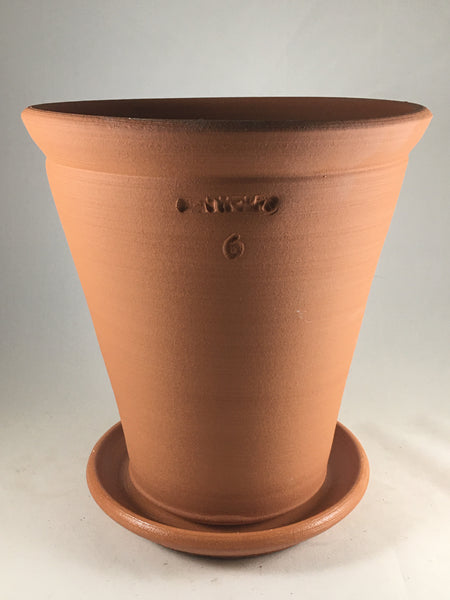 SPC1044-15 Ben Wolff #6 Flower Pot in Terracotta. Sealed saucer with cork pads. 8.75”H x 8”W --- ONE OF A KIND