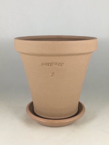 SPC1197-16 Ben Wolff #4 Flower Pot in Tan Clay. Sealed saucer with cork pads. 6.5”H x 6.5”W --- ONE OF A KIND