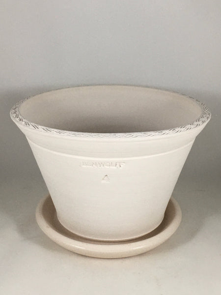 SPC1180-14 Ben Wolff #4 Half Pot in White Clay. Sealed #6 saucer with cork pads. 5.5”H x 8.5”W --- ONE OF A KIND