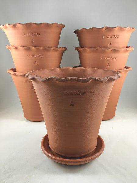 Ben Wolff #4 Scalloped Pot in Terra-cotta.  Sealed saucer with cork pads. 6.75”H x 7.5”W --- MULTIPLES AVAILABLE