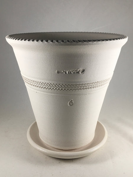 SPC1042-10 Ben Wolff #6 Flower Pot in White Clay. Sealed saucer with cork pads. 8.5”H x 8.5”W --- ONE OF A KIND