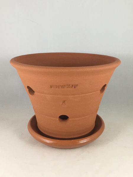 SPC1103-17 Ben Wolff #4 Orchid Half Pot in Goshen Terracotta. Sealed #6 saucer with cork pads. 5.5”H x 7.75”W --- ONE OF A KIND