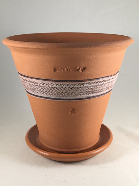 SPC1030-13 Ben Wolff #4 Flower Pot in Terracotta.  Sealed saucer with cork pads. 7”H x 7.75”W --- ONE OF A KIND