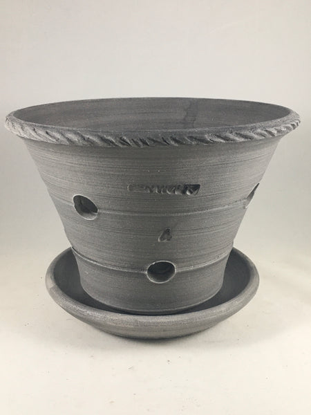 SPC1067-9 Ben Wolff #4 Orchid Half Pot in Grey Finish. Sealed #6 saucer with cork pads. 5.75”H x 8”W --- ONE OF A KIND