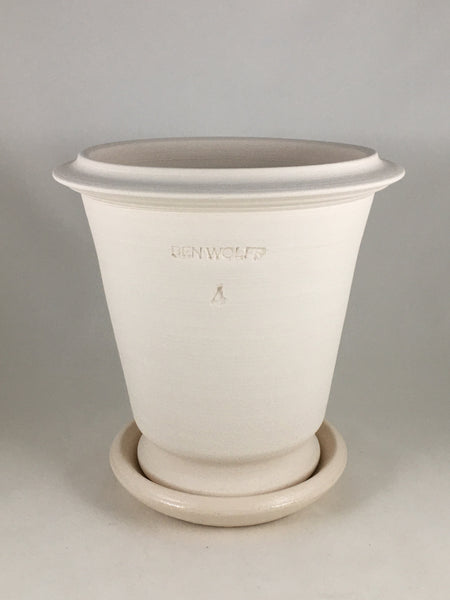SPC1094-16 Ben Wolff #4 Flower Pot in White Clay. Sealed saucer with cork pads. 7”H x 7”W --- ONE OF A KIND