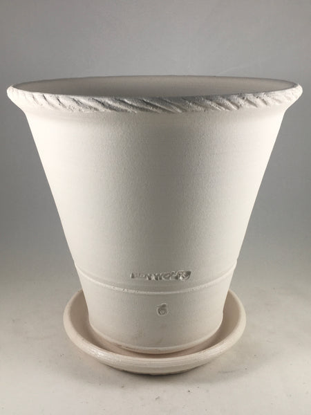 SPC1068-9 Ben Wolff #6 Flower Pot in White Clay. Sealed saucer with cork pads. 8.5”H x 8.5”W --- ONE OF A KIND