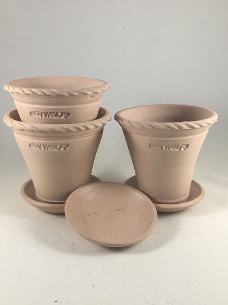 SPC1057-18 Ben Wolff Three #1 Flower Pots in Light Tan. Sealed saucers with cork pads. 4” H x 4”W --- ONE OF A KIND