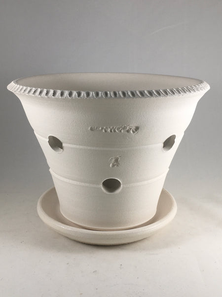 SPC1045-19 Ben Wolff #4 Orchid Half Pot in White Clay. Sealed #6 saucer with cork pads. 6”H x 8.25”W --- ONE OF A KIND