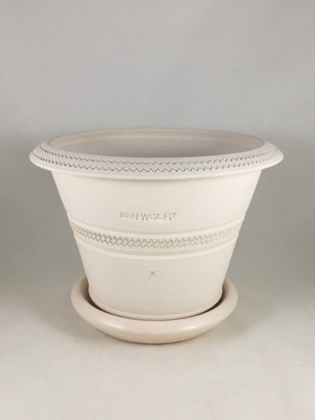 SPC1086-8 Ben Wolff #4 Half Pot in White Clay. Sealed #6 saucer with cork pads. 5.75”H x 8.25”W --- ONE OF A KIND