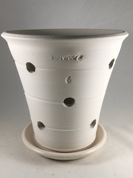 SPC1011-24 Ben Wolff #6 Orchid Pot in White Clay. Sealed saucer with cork pads. 8.25”H x 8.5”W --- ONE OF A KIND