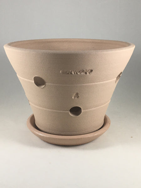 SPC1047-15 Ben Wolff #4 Orchid Half Pot in Light Tan.  Sealed saucer with cork pads. 5.75”H x 8”W --- ONE OF A KIND
