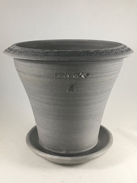 SPC1053-10 Ben Wolff #4 Flower Pot in Grey Finish. Sealed saucer with cork pads. 6.75”H 7.75”W --- ONE OF A KIND