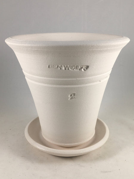 SPC1071-14 Ben Wolff #2 Flower Pot in White Clay. Sealed saucer with cork pads. 5.75”H x 6”W --- ONE OF A KIND