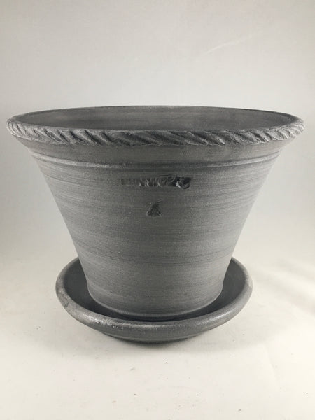 SPC1035-16 Ben Wolff #4 Flower Pot in Grey Finish.  Sealed #6 saucer with cork pads. 6”H x 8.5”W --- ONE OF A KIND