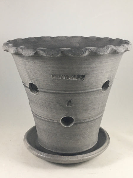 SPC1079-11 Ben Wolff #4 Orchid Pot in Grey Finish. Sealed saucer with cork pads. 7”H x 7.5”W --- ONE OF A KIND