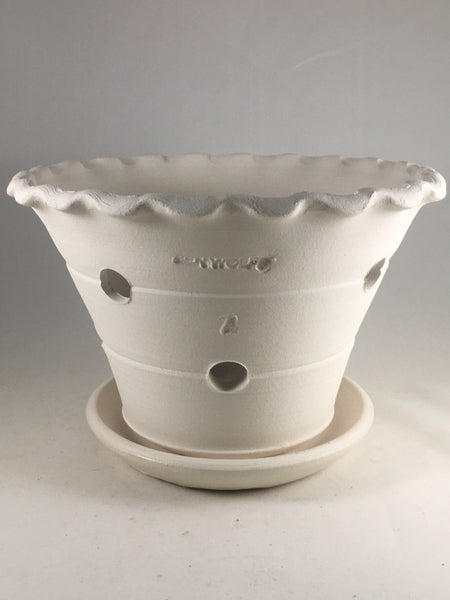SPC1049-15 Ben Wolff #4 Half Orchid Pot in White Clay Sealed #6 saucer with cork pads. 6”H x 8.75”W --- ONE OF A KIND
