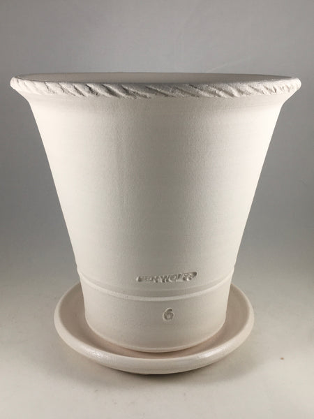 SPC1015-29 Ben Wolff #6 Flower Pot in White Clay. Sealed saucer with cork pads. 8.5”H x 8.25””W --- ONE OF A KIND
