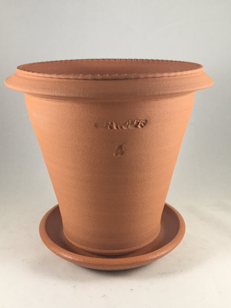 SPC1070-9 Ben Wolff #4 Flower Pot in Terra-cotta. Sealed saucer with cork pads. 7”H x 7.5”W --- ONE OF A KIND