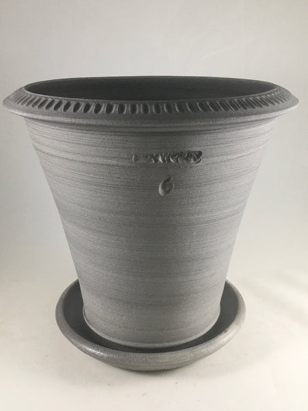 SPC1050-16 Ben Wolff #6 Flower Pot in Grey Finish. Sealed saucer with cork pads. 8.25”H x 8.75”W --- ONE OF A KIND