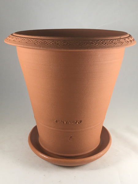 SPC1048-11 Ben Wolff #6 Flower Pot in Terra-cotta. Sealed saucers with cork pads. 8.5”H 8.5”W --- ONE OF A KIND