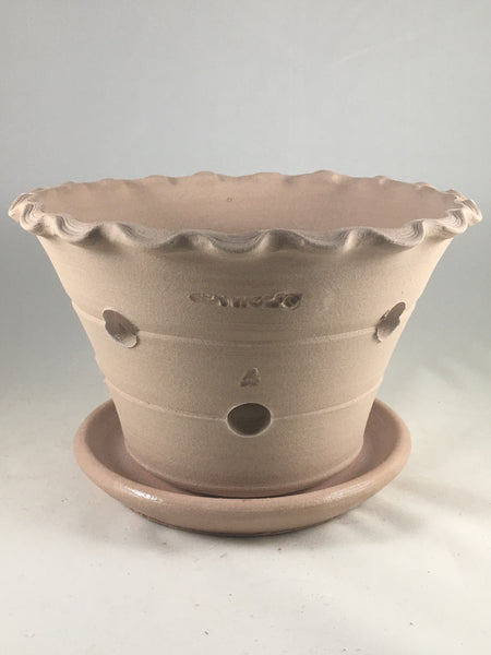 SPC1065-14 Ben Wolff #4 Orchid Half Pot in Light Tan. Sealed #6 saucer with cork pads. 5.25”H x 8.25”W --- ONE OF A KIND