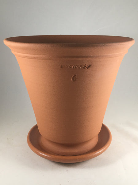 SPC1055-14 Ben Wolff #6 Flower Pot in Terra-cotta. Sealed saucer with cork pads. 8”H x 8.75”W --- ONE OF A KIND