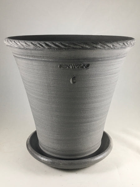 SPC1027-18 Ben Wolff #6 Flower Pot in Grey Finish. Sealed saucer with cork pads. 8.5”H x 8.75”W --- ONE OF A KIND