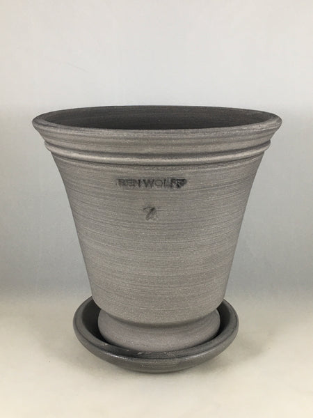 SPC1098-13 Ben Wolff #4 Flower Pot in Grey Finish. Sealed saucer with cork pads. 7”H x 7.25”W --- ONE OF A KIND