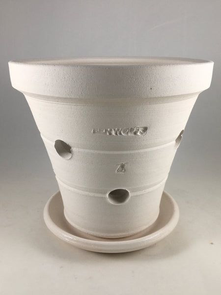 SPC1018-21 Ben Wolff #4 Orchid Pot in White Clay.  Sealed saucer with cork pads. 6.75”H x 7.25”W --- ONE OF A KIND