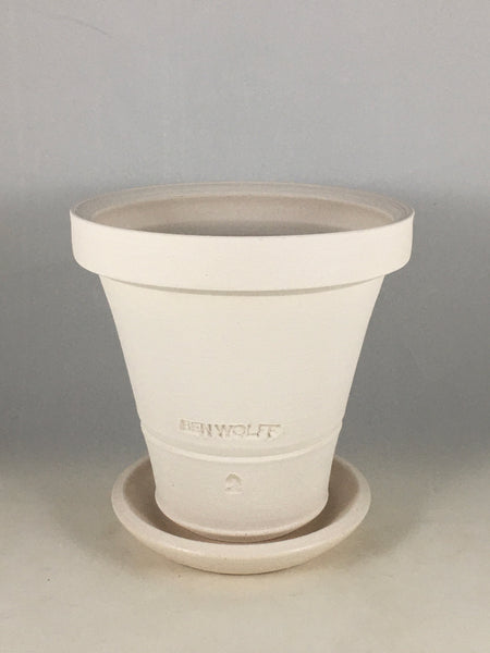 SPC1099-13 Ben Wolff #2 Flower Pot in White Clay. Sealed saucer with felt pads. 5.5”H x 5.5”W --- ONE OF A KIND