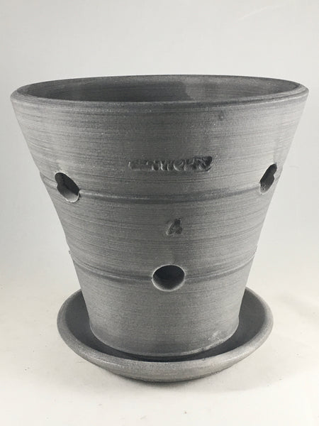 SPC1043-12 Ben Wolff #4 Orchid Pot in Grey Finish. Sealed saucer with cork pads. 6.75”H x 7.25”W --- ONE OF A KIND