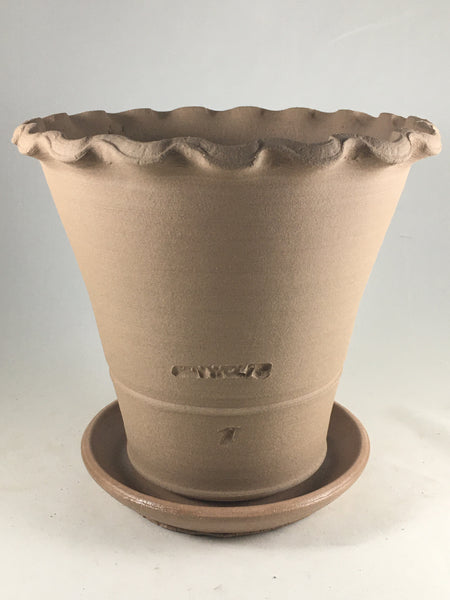 SPC1039-15 Ben Wolff #4 Flower Pot in Tan. Sealed saucer with cork pads. 7”H x 7.5”W --- ONE OF A KIND