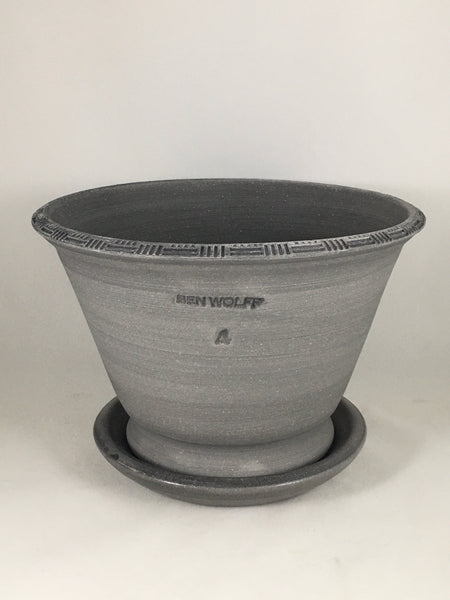 SPC1115-12 Ben Wolff #4 Half Pot in Grey Finish. Sealed #6 saucer with cork pads. 6”H x 9”W --- ONE OF A KIND