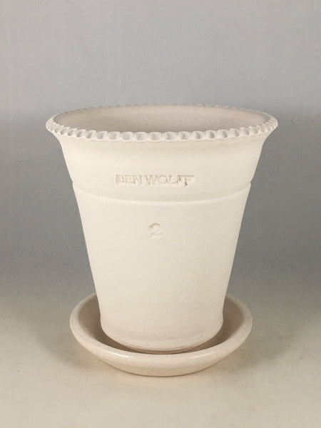 SPC1110-15 Ben Wolff #2 Flower Pot in White Clay. Sealed saucer with felt pads. 5.5”H x 5.25”W --- ONE OF A KIND