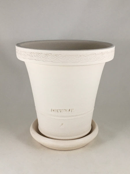 SPC1085-10 Ben Wolff #4 Flower Pot in White Clay. Sealed saucer with cork pads. 7”H x 7”W --- ONE OF A KIND