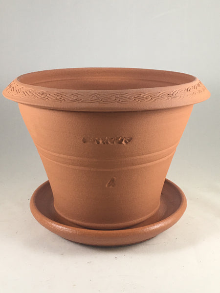 SPC1076-10 Ben Wolff  #4 Half Pot in Terra-cotta. Sealed saucer with cork pads. 6”H x 8”W --- ONE OF A KIND