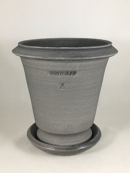 SPC1129-22 Ben Wolff #4 Flower Pot in Grey Finish. Sealed saucer with cork pads. 7”H x 7.25”W --- ONE OF A KIND