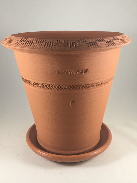 SPC1060-12 Ben Wolff #6 Flower Pot in Terracotta. Sealed saucer with cork pads. 8.25”H x 8.25”W --- ONE OF A KIND