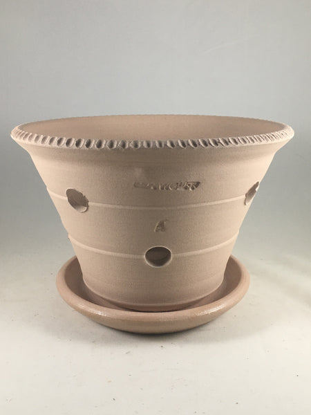 SPC1069-12 Ben Wolff #4 Orchid Half Pot in Light Tan. Sealed #6 saucer with cork pads. 5.75”H x 8.5”W --- ONE OF A KIND