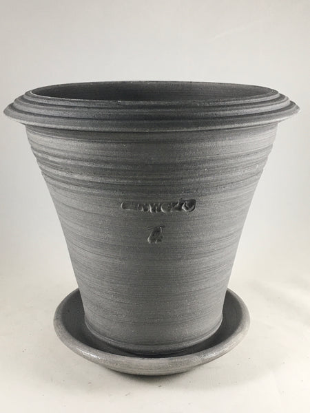 SPC1031-17 Ben Wolff #4 Flower Pot in Grey Finish. Sealed saucer with cork pads. 7”H x 7.5”W --- ONE OF A KIND